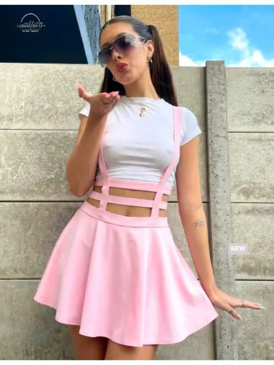 Pleated Suspender Skirt High Waist A-Line Mini Elastic Braces School Casual - Picture 3 of 7